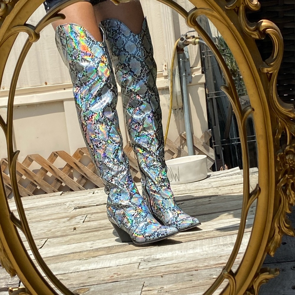 Thigh high iridescent snake print boots!